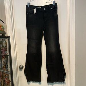 NWT We The Free Black Flare Wide Leg Jeans Frayed Hem Size 30